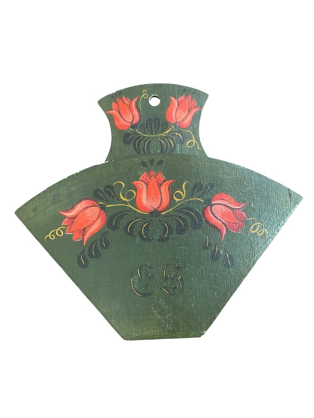 Vintage HandPainted Cone Coffee Filter Holder Green Floral Wooden Wall Decor - Picture 2 of 11